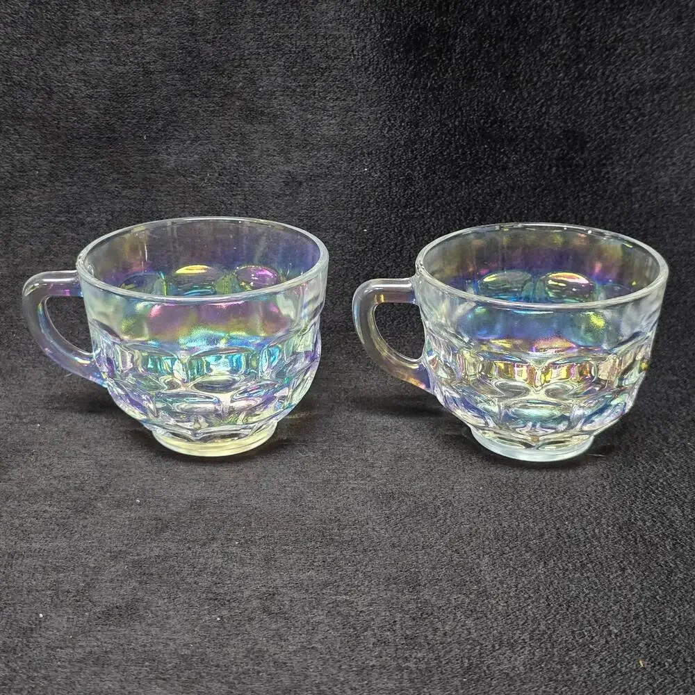 Vintage Federal Glass Iridescent Rainbow Glass Punch Teacups Pair of 2